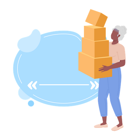 Startled senior woman holding large pile of cardboard boxes  Illustration