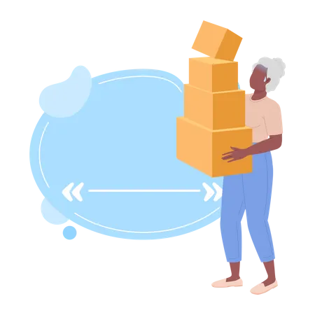 Startled senior woman holding large pile of cardboard boxes  Illustration