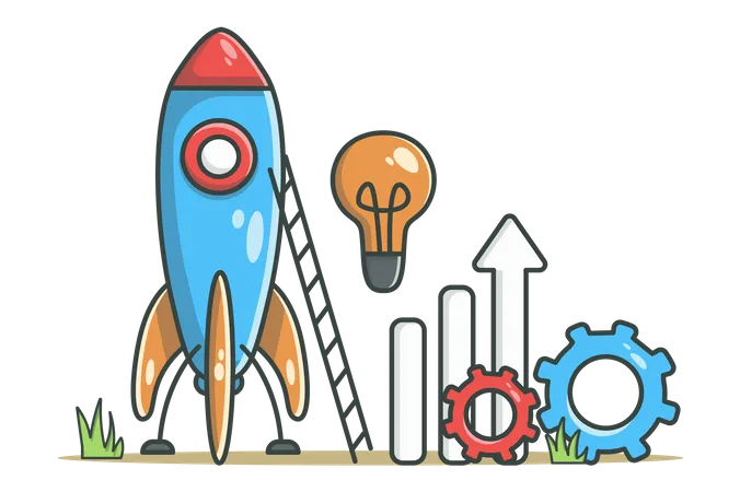 Startup Business Concept In Flat Line Design Launch New Project Color Outline Scene Objects Composition With Space Rocket Lightbulb Data Graphs And Gears Vector Illustration With Web Icon Illustration