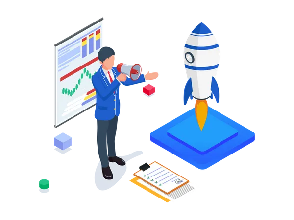 Startup Business Promotion Isometric Business With Rocket Chart Businessman Do Promote His Business Illustration
