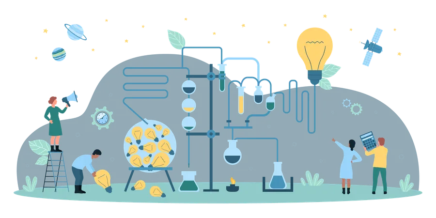 Cartoon Tiny People Work With Scientific Equipment Develop Innovations New Projects Ideas Startup Business Teamwork Solution Development Through Science Knowledge Dark Concept Vector Illustration Illustration