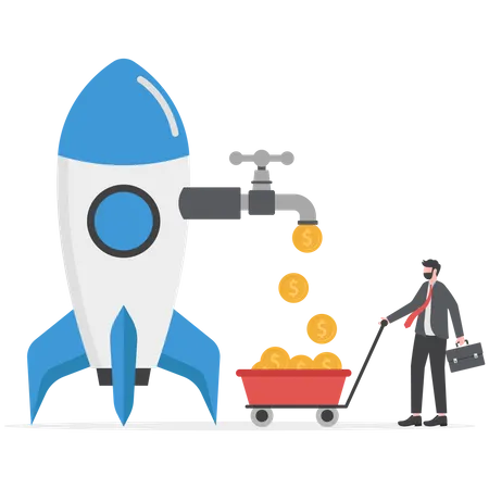 Startup businessman get money from revenue faucet flowing from lightbulb idea to make money  Illustration
