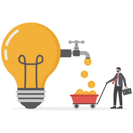 Startup Company Start Generate Revenue Or Income Business Idea To Make Money Gain Profit Or Create Sales Concept Businessman Get Money From Revenue Faucet Flowing From Lightbulb Idea Illustration