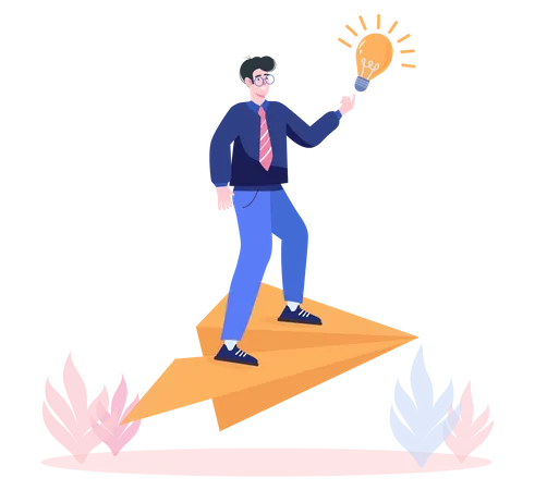 Startup Concept With People Scene In Flat Cartoon Energetic Man With New Creative Ideas Is Trying To Achieve High Recognition Vector Illustration Illustration