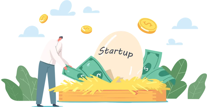 Profitable Idea Start Up Project Development In Incubator Tiny Businessman Character Take Dollar Bills From Birds Huge Nest With Startup Egg Creative Business Strategy Cartoon Vector Illustration Illustration