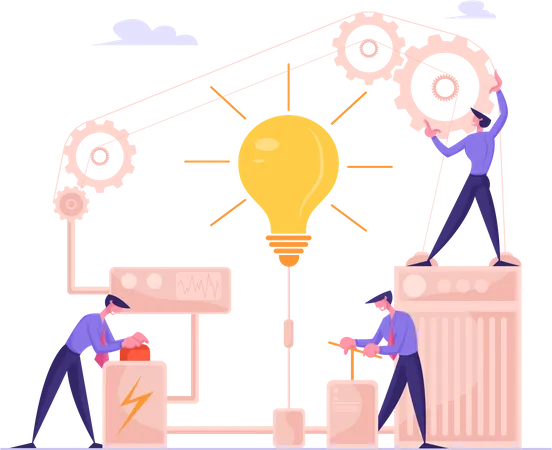 Business Project Startup Financial Idea Realization And Searching Solution Concept Businesspeople Launch Huge Lamp Pushing Lever Arm And Red Button In Gears Mechanism Cartoon Flat Vector Illustration Illustration