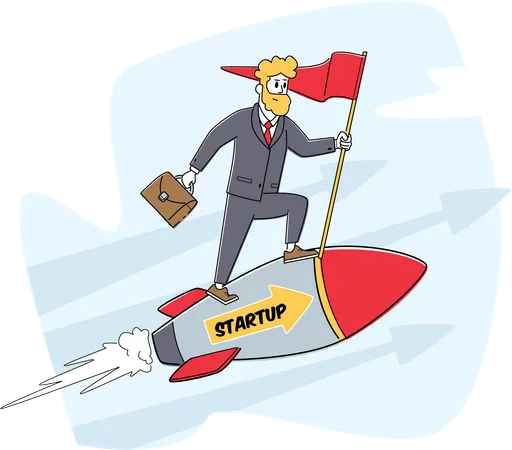 Business Startup Launch Competition Concept Businessman Character Riding Rocket Engine Racing To Financial Success Business Challenge Career Boost Aim Achievement Linear Vector Illustration Illustration