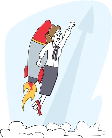 Working Success Startup Happy Business Woman Or Manager Fly On Jetpack To Goal Achievement Character With Rocket On Back Reach New Level Of Development Career Boost Linear Vector Illustration Illustration