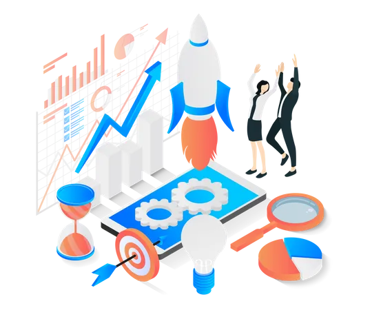 Isometric Style Illustration Of Rocket Launch Showing Business Progress Illustration