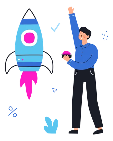 Startup New Business Project Businessman Launches A Rocket Vector Flat Hand Drawn Illustration Illustration