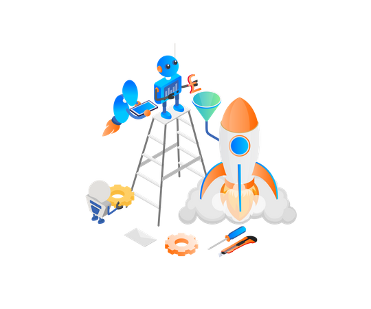 Startup launch by robot Illustration