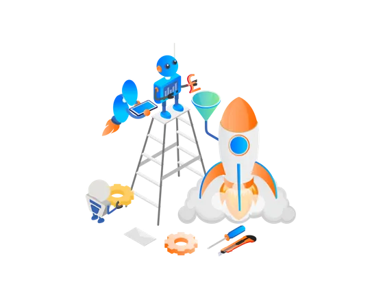 Illustration Of Robotic The Launch A Rocket In Isometric Style Illustration
