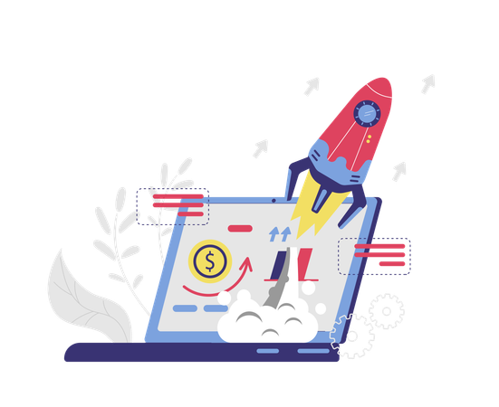 Startup online con lanzamiento de cohetes  Ilustración