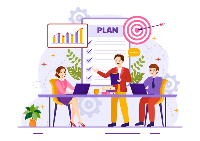 Business Plan Vector Illustration With Target Planning Workflow Time Management Statistical And Data Analysis In Flat Cartoon Background Illustration