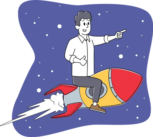 Cheerful Businessman Character Flying On Rocket In Space Office Worker Fly Up By Spaceship Self Development Business Success Career Boost Start Up And Growth Concept Linear Vector Illustration Illustration