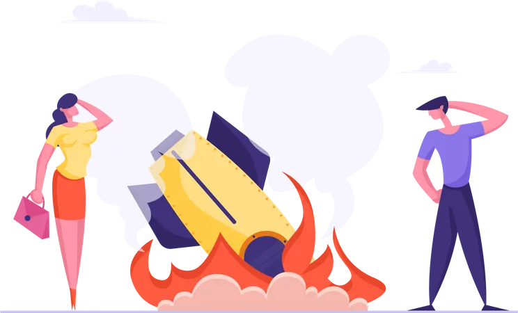 Startup Rocket Crash Concept. Unplanned Business Loss and Fail. Management Mistakes and Problems, First Bad Experience of Workers. Businesspeople Shocked about Failure Cartoon Flat Vector Illustration  Illustration