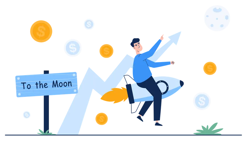 To The Moon Concept Of Cryptocurrency Growth Man Ride The Rocket Coin To The Moon Blockchain Technologies Business Finance Vector Illutration Flat Style Illustration