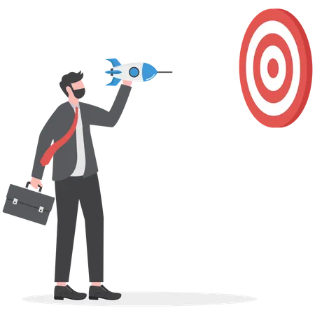 Startup Success Target Launch New Product Aim To Win Business Achievement Marketing Goal Or Target Project Plan Concept Confidence Businessman Launch New Rocket To Hit Target Dartboard Bullseye Illustration