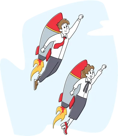 Career Boost Start Up Couple Of Cheerful Business Man And Woman Characters Flying Off With Jet Pack Office Workers Flying Up By Rocket On Back Take Off The Ground Linear People Vector Illustration Illustration