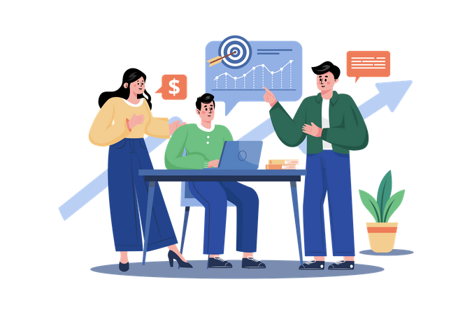 Startup team discussing growth report  Illustration