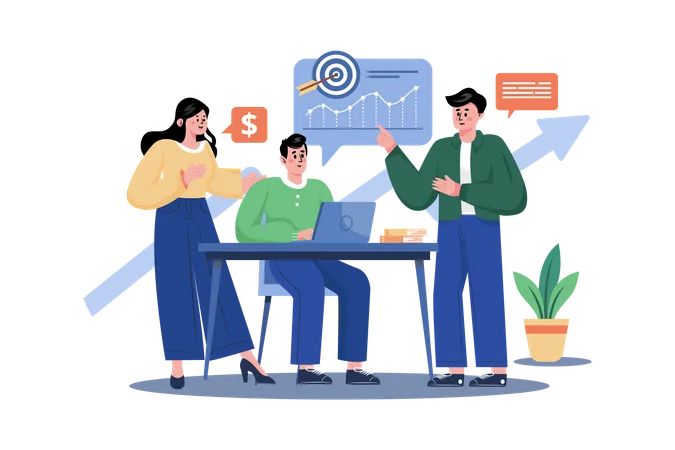 Startup team discussing growth report  Illustration