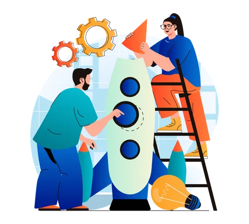 Business Startup Concept In Modern Flat Design Success Team Launches New Project Man And Woman Creates New Company Together Collaboration Career Development And Investment Vector Illustration Illustration