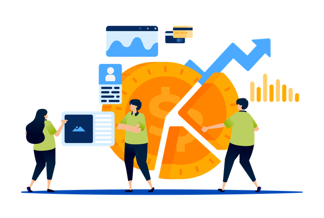 Statistical analysis and pie chart showing profit sharing in financial investments within money market  Illustration