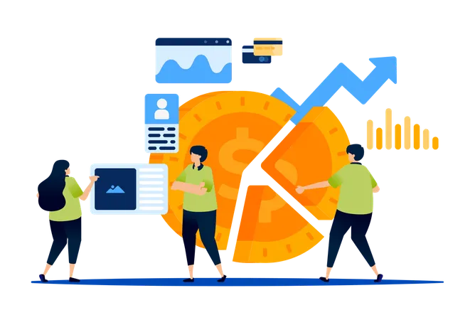 Statistical analysis and pie chart showing profit sharing in financial investments within money market  Illustration