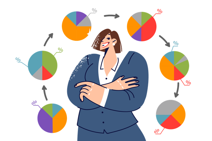 Eine Statistikerin steht zwischen Geschäftsdiagrammen mit wechselnden Daten, die positive Veränderungen zeigen  Illustration