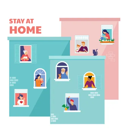 Stay At Home Concept Design House Facade With Open Windows Different Types Of People Look Out And Communicate With Neighbors Self Isolation Quarantine Due Coronavirus Vector Flat Style Illustration Illustration