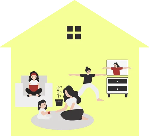 Quarantine Stay At Home Concept Series People Sitting At Their Home Room Or Apartment Practicing Yoga Enjoying Meditation Relaxing On The Sofa Reading Books Baking And Listening To Music Illustration