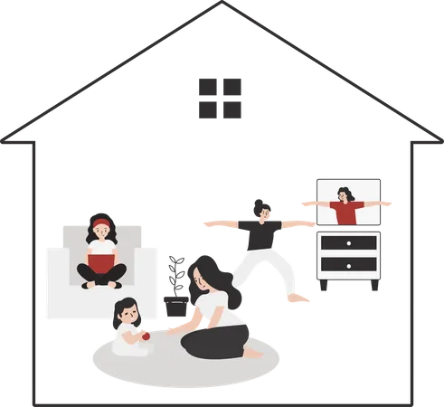 Quarantine Stay At Home Concept Series People Sitting At Their Home Room Or Apartment Practicing Yoga Enjoying Meditation Relaxing On The Sofa Reading Books Baking And Listening To Music Illustration
