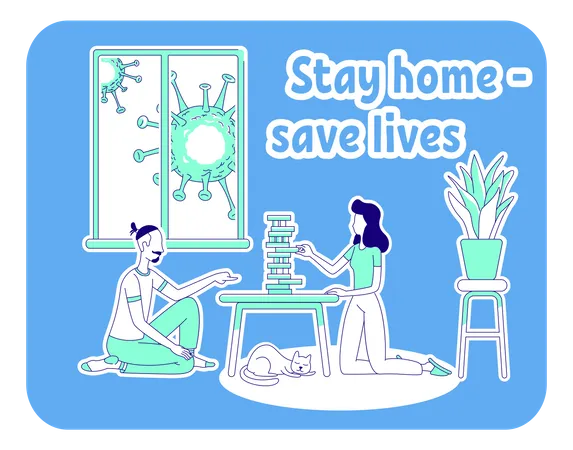 Stay Home Save Lives Thin Line Concept Vector Illustration Family Play Boardgame Man And Woman Relax With Table Game Quarantine 2 D Cartoon Characters For Web Design Self Isolation Creative Idea Illustration