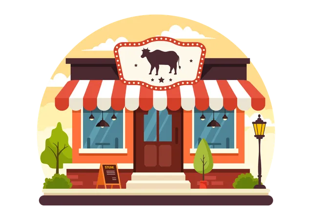 Steakhouse Vector Illustration With Restaurant That Provides Grilled Meat With Juicy Delicious Steak Salad And Tomatoes For Barbecue In Background Illustration