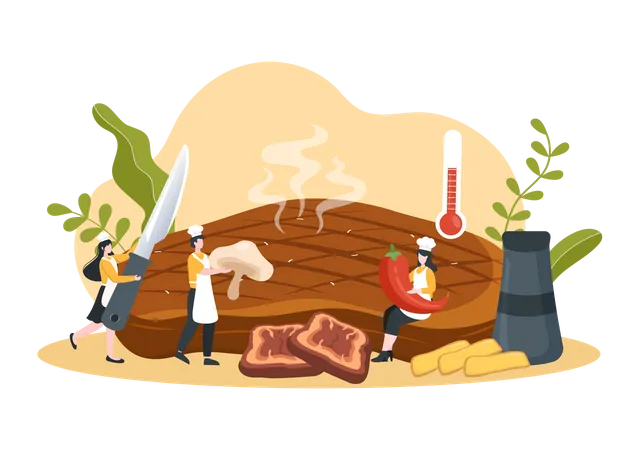 Steakhouse of Grilled Meat with Juicy Delicious Steak Illustration