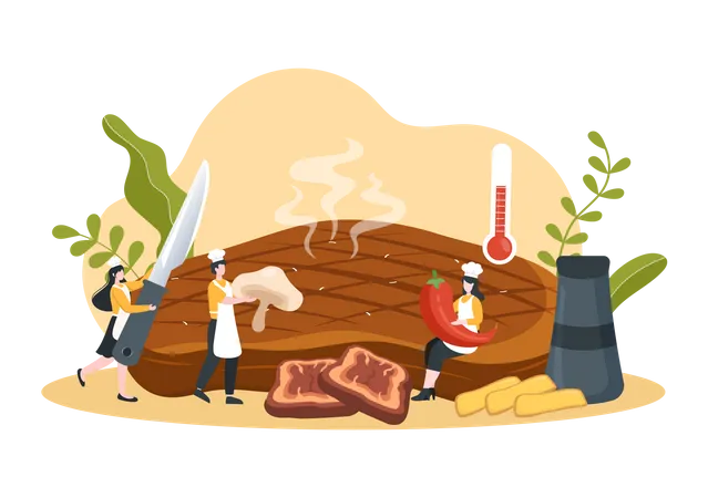 Steakhouse of Grilled Meat with Juicy Delicious Steak  Illustration