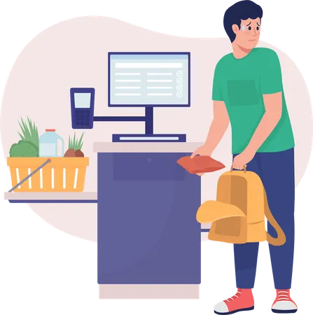 Stealing At Self Check Out 2 D Vector Isolated Illustration Customer Dishonesty Supermarket Pilferer Flat Character On Cartoon Background Grocery Colourful Scene For Mobile Website Presentation イラスト