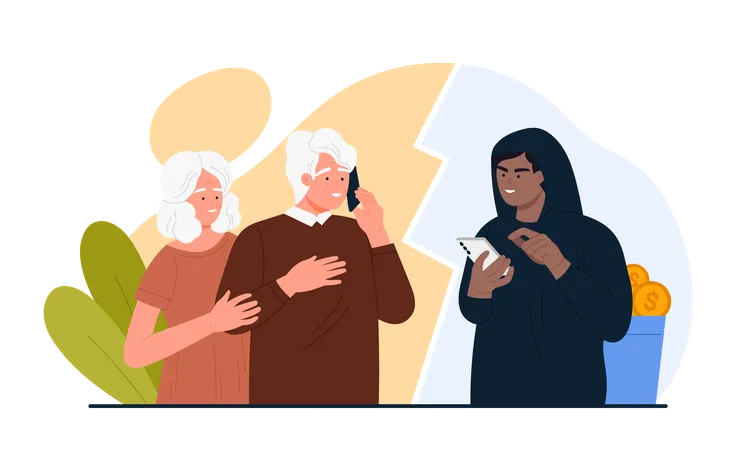 Stealing Money From Old People Using Mobile Phone Vector Illustration Cartoon Elderly Couple Talking To Scammer On Telephone Dangerous Conversation With Thief Of Grandmother And Grandfather Victims Illustration