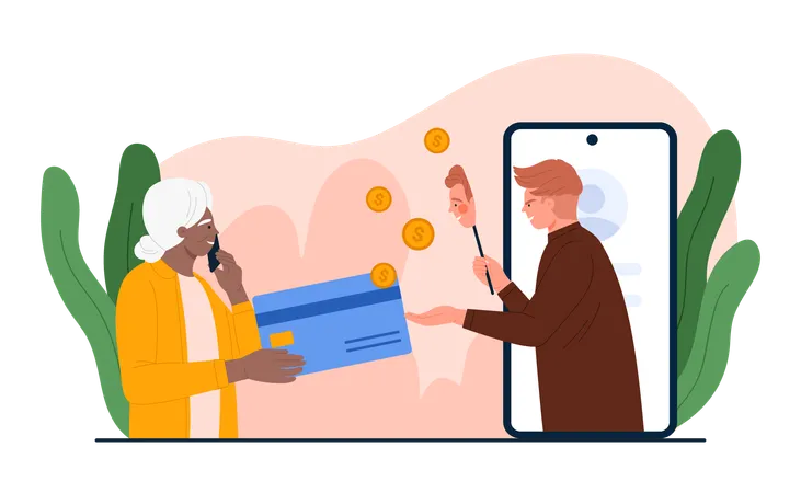 Stealing Money From Old Woman Scam And Fraud Using Mobile Phone Vector Illustration Cartoon Scammer Holding Fake Face To Steal Financial Information Of Bank Account Credit Card From Grandma Illustration