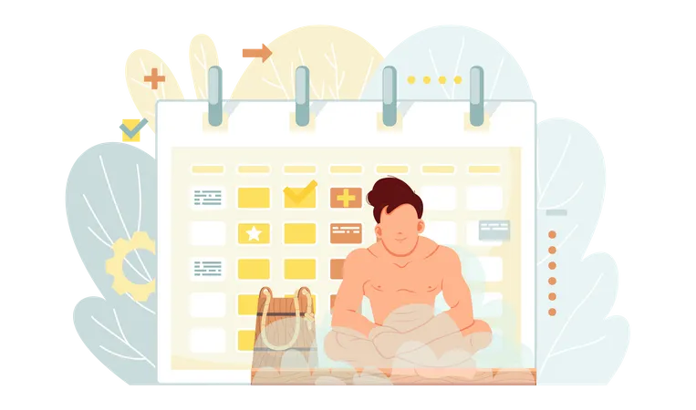 Naked Faceless Male Character After Bath Sits With Schedule On Background Man Is Resting In Hot Steam Person Uses Bath Accessories And Wooden Bucket For Water Time Tracking And Time Management Illustration