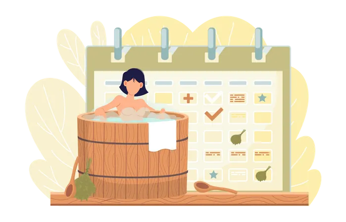 Cleansing Skin And Hair In Sauna Female Character Is Relaxing In Wooden Font With Hot Water And Steam Girl Bathes On Background Of Schedule Calendar With Signs And Time Management Concept イラスト