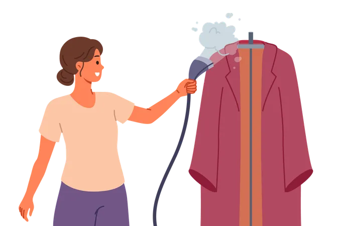 Steam iron in hand of woman caring for clothes after washing and enjoying housework  Illustration