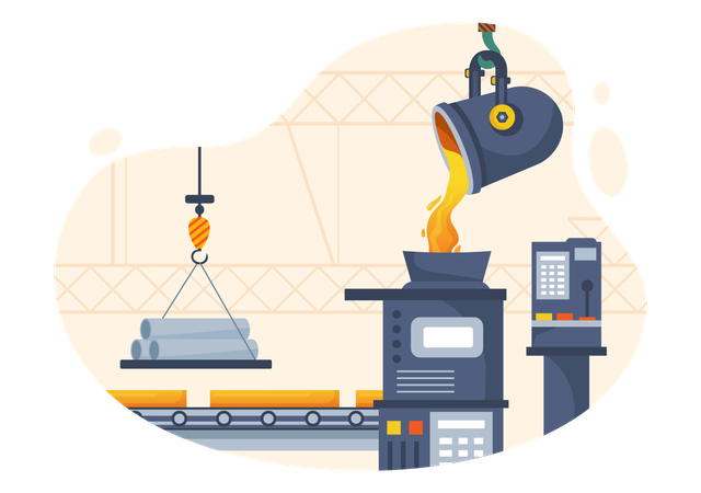 Steel rods are kept on conveyor belt and hot steel is poured in container  Illustration