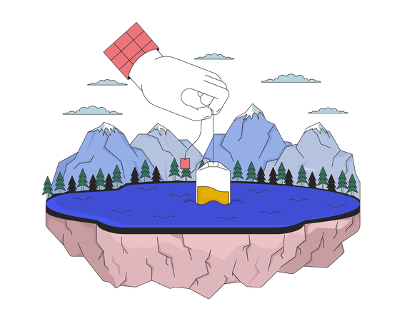 Steeping teabag into mountain lake  Illustration