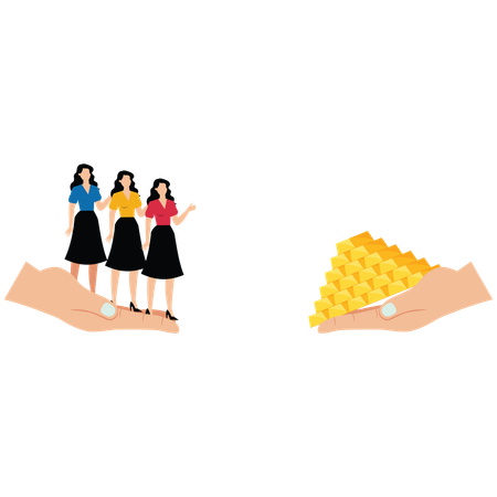 Stehend mit einem Bündel Geschäftsfrauen in einer großen Hand und einem Haufen Goldmünzen in der anderen großen Hand  Illustration