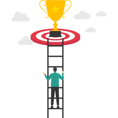 Businessman Is Climbing The Ladder Towards The Cloud On Which There Is A Golden Cup Step By Step Towards Success Or Goal Leadership And Achievement Concept Modern Flat Vector Illustration Illustration
