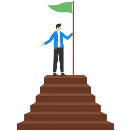 Step To Success Staircase To Achievement Or Reach Winner Target Progress Or Improvement Career Success Or Business Journey Concept Successful Businessman Hold Winning Flag On Top Of Step Stair Illustration