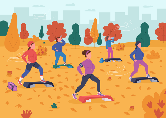 Step up aerobics exercise in park Illustration