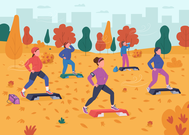 Step up aerobics exercise in park  Illustration