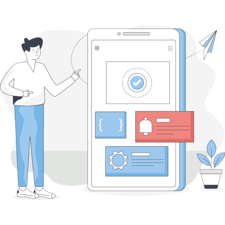 Steps to build a mobile app using React Native featuring code snippets and design elements  Illustration